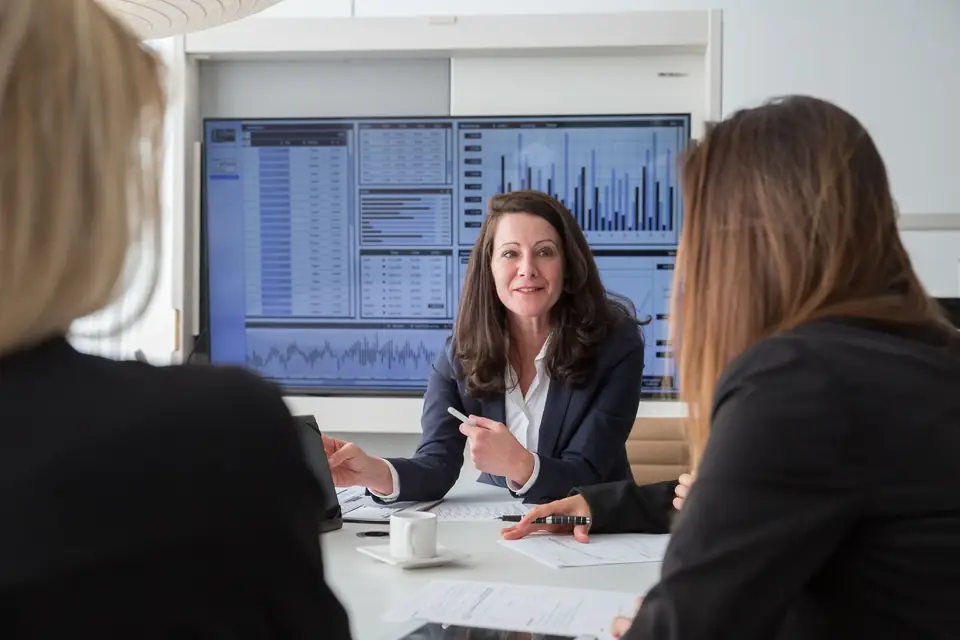 A consultant talks a client through data on a large screen during a meeting in a bright office.